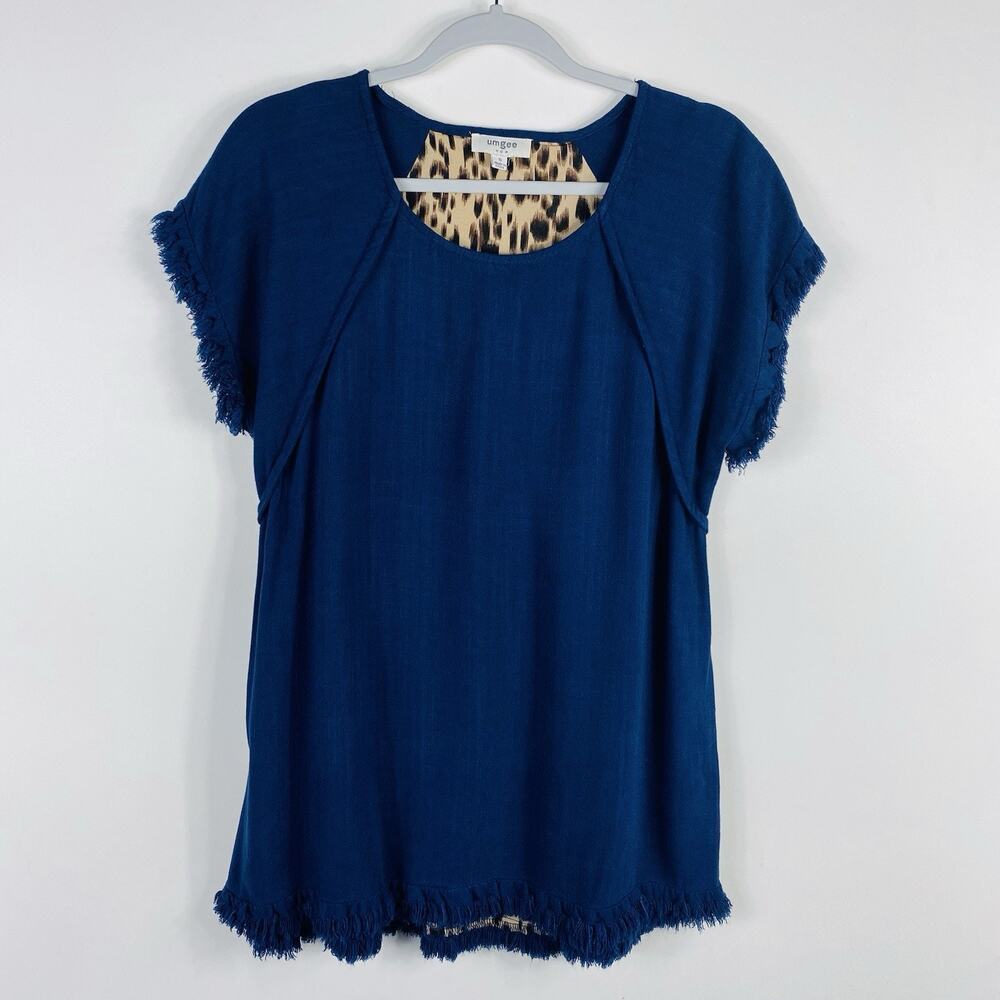 Umgee Top Small Navy Blue Cheetah Print Linen Cotton Tunic Frayed Trim